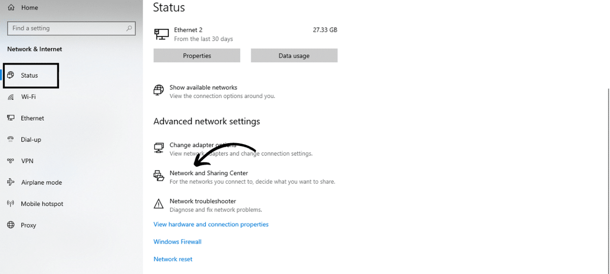 In the Status section, click on Network and Sharing Center.